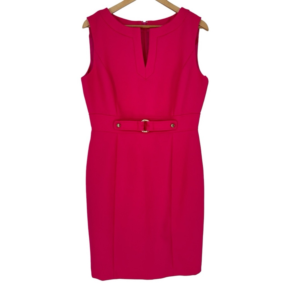 Tahari Hot Pink Sleeveless Textured Woven Sheath Dress size 12 Notched V Neck